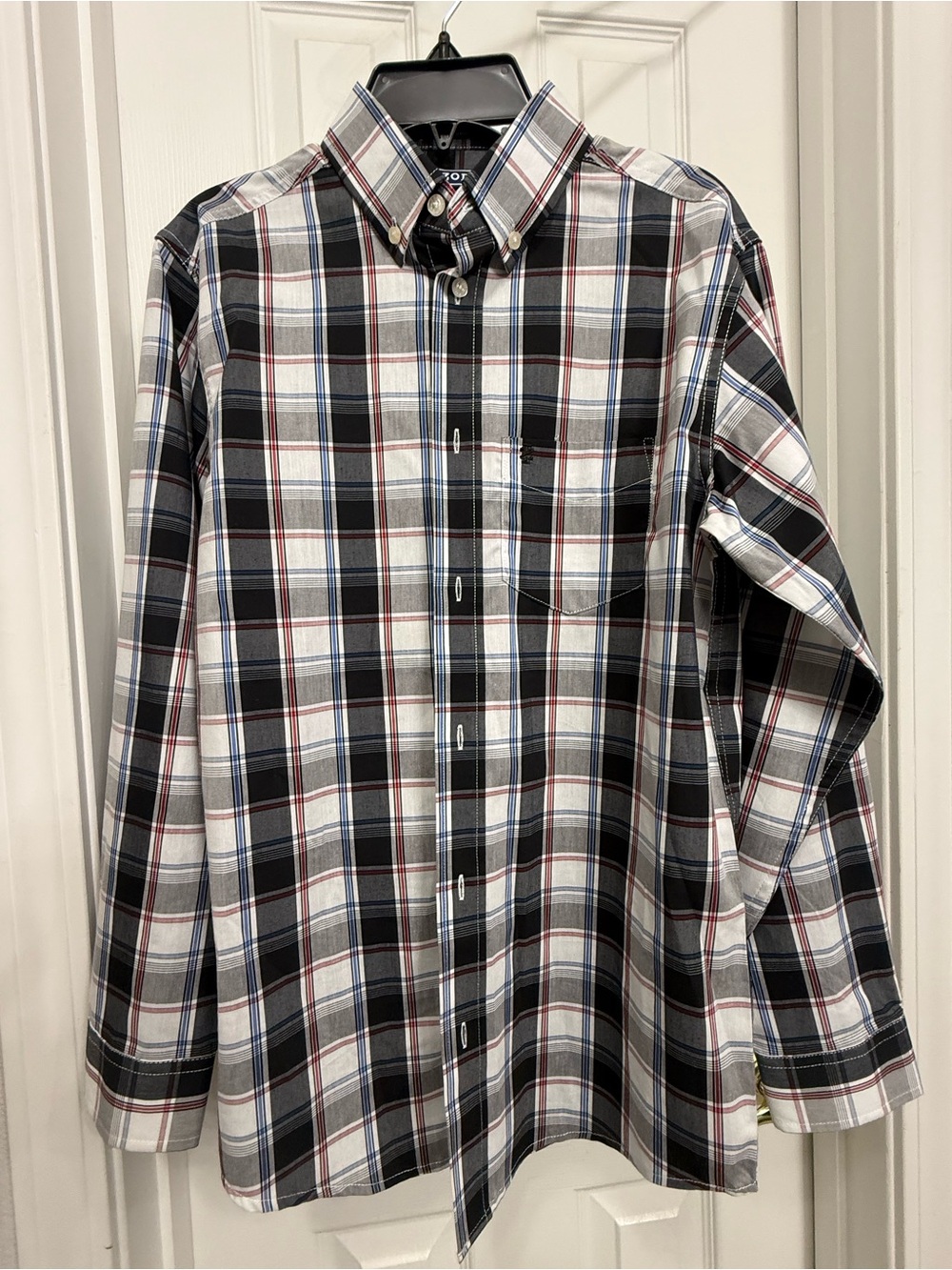 Izod Kid’s Black, White & Blue Plaid Button-Down Shirt